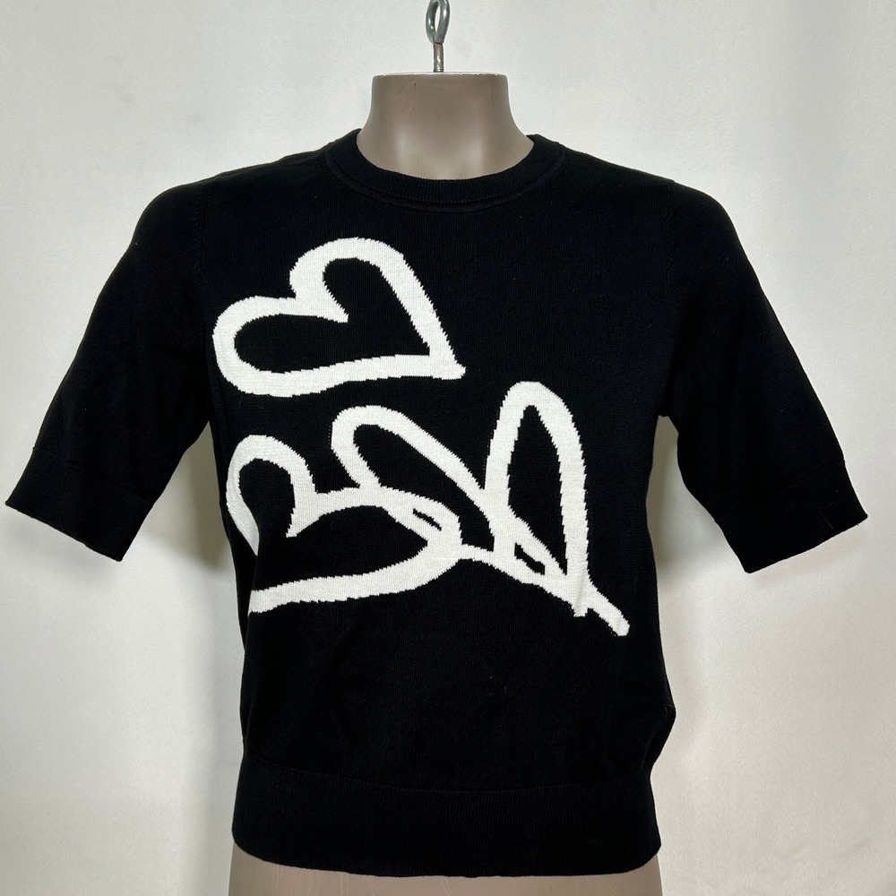DKNY Black White Graffiti Heart Sweater Women's SMALL NWT